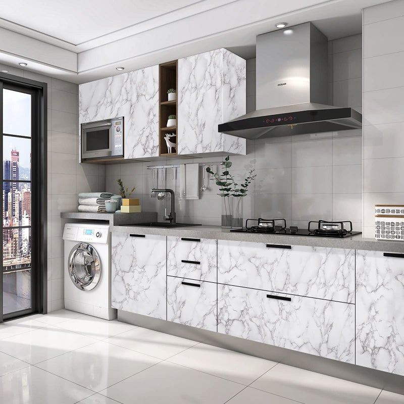 Caltero Marble Contact Paper 15.7"" x 197"" White Grey Marble Wallpaper Peel and Stick Glossy Marble Contact Paper Self Adhesive Contact Paper for Countertop Kitchen Cabinets Bathroom - Image 2